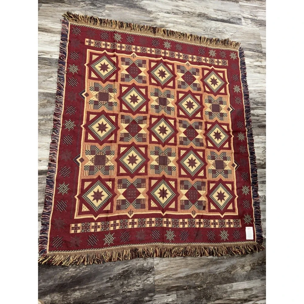Vintage American Weavers Tapestry Star Patchwork Quilt Design Fringe Blanket